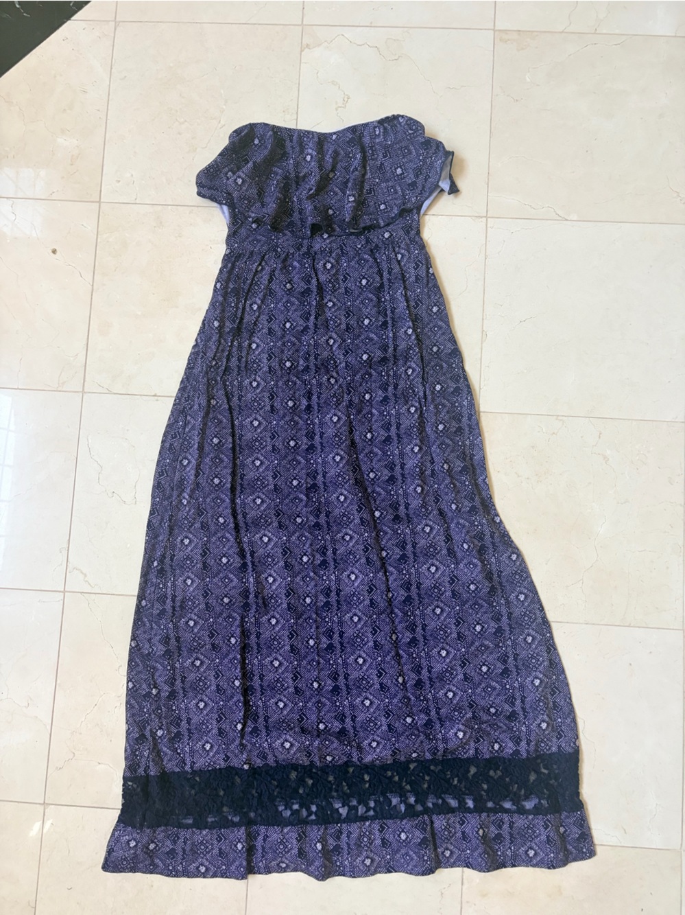 Girls' Patterned Maxi Dress with ruffle strapless elastic top and Lace Trim - XL